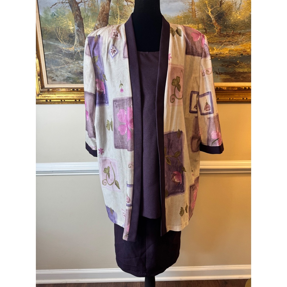 VTG Ivy Rose Purple Floral 3 Piece Skirt Suit Set Duster Tank Skirt Plus 22WP